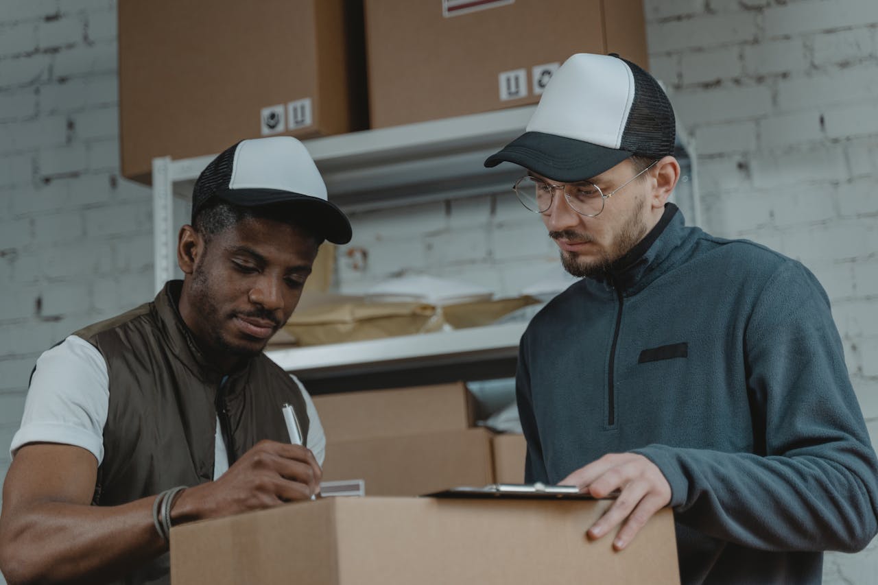 About Two couriers working together to process deliveries in a warehouse setting.